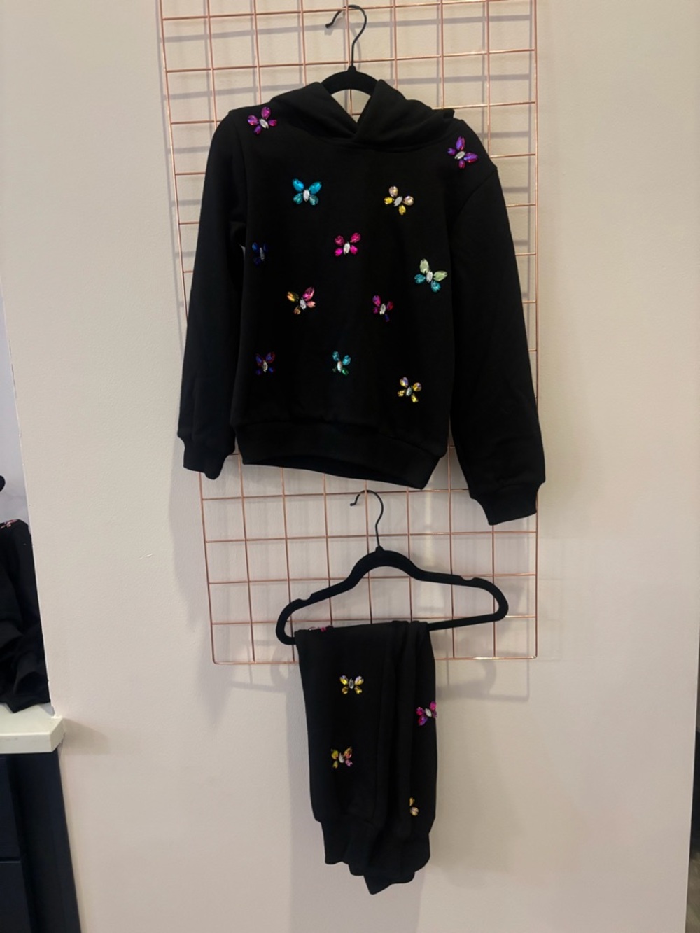 Lola + The Boys Black Hoodie & Sweatpants Set with Multicolor Jewel Butterflies